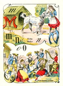 Lettres M N et O comme Médor, Niche et Orchestre Suisse. Gravure dans "Alphabet Amusant". Imagerie de Pont-à-Mousson. Impression et édition Louis Vagne, fin du 19ème siècle