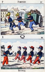 Lettres P Q R : Pompiers et recrues. Gravure dans "Alphabet militaire enfantin". Imagerie de Pont-à-Mousson, vers 1890. 20 pages. Dim : 28,5x21 cm.