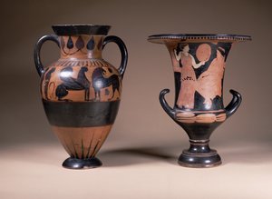 Amphore à figures noires orientalisantes, Grecque, 6e siècle av. J.-C.; calice-cratère à figures rouges, Grecque, Italie du Sud, 4e siècle av. J.-C. (poterie)