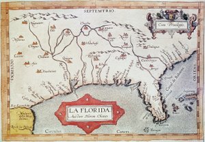 Cartographie de la Floride. On peut voir le Tropique du Cancer, les Bahamas et les îles Tortugas. Dans Teatrum Orbis Terrarum par le cartographe Abraham Ortelius - Unbekannter Künstler