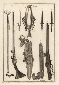 Mousquet à mèche, serrure et baïonnette de la Tour de Londres 1-3, baïonnette 4, repose-mousquet et baïonnette 5, repose-mousquet 6, bandoulières et flasque à poudre 7, serrure à roue 8,9, et clé 10 - Unbekannt