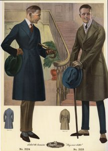 Mode masculine 1920 - Hommes en manteaux croisés portant des cannes et des chapeaux, portant des guêtres. Chromolithographie d