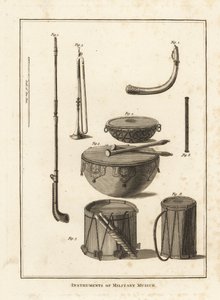 Instruments de musique militaire : trompette, cor, fifre, timbale, tambour