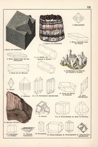 Minéraux et cristaux (fluorite, célestine et sel gemme fibreux) - Chromolithographie de Minéralogie par Gustav Adolph Kengott, extrait de l