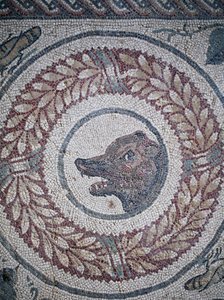 Mosaïque du péristyle. Détail représentant une tête d