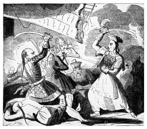Mme Ching brandissant une épée, c.1810 (gravure)