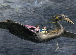 Mythes et légendes : Le Rokh ou Roc (oiseau géant de la mythologie arabo-persane. Il se trouve dans des passages des Mille et Une Nuits). Gravure en couleur du 19ème siècle