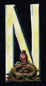 N comme Nid. Découpis de coléoptères sur le thème des animaux. Gravure. Série de 26 chromolithographies gaufrées d