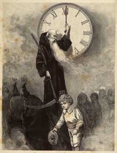 Allégorie du Nouvel An 1889 représentant une vieille voûtée, symbolisant l