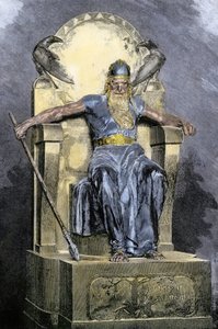 Mythologie nordique : représentation de la divinité Wotan (Odin). Gravure en couleur du 19ème siècle - Unbekannter Künstler