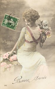 Bonne année, souhait, femme Belle Époque