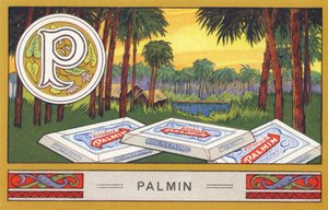 P : Palmin - Alphabet Palmin. Série de chromolithographies éditées par H. Schlinck & Cie, Hambourg, s. d. Publicité pour Palmin feinstes Cocosfett. Dimensions : 7 x 11 cm