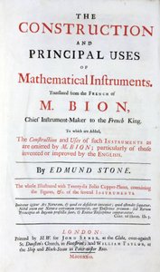 Page de titre du livre de Nicolas Bion (1652-1933) sur les instruments mathématiques, traduction anglaise, avec ajout des améliorations anglaises, éditée à Londres en 1723