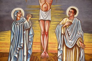 Peinture. La crucifixion de Jésus-Christ. La Vierge Marie et Saint Jean