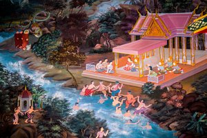 Peintures de scènes de village avec Bouddha en Thaïlande, Wat bang riang, Thub Pat, Phang Nga, Thaïlande, Asie