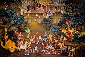 Peintures de scènes de village avec Bouddha en Thaïlande, Wat Bang Riang, Thub Pat, Phang Nga, Thaïlande, Asie