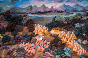 Peintures de scènes de village avec Bouddha en Thaïlande, Wat Bang Riang, Thub Pat, Phang Nga, Thaïlande, Asie
