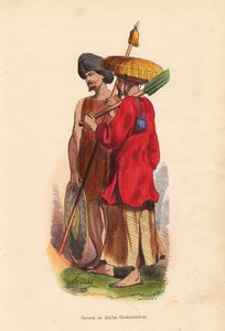 Paysans et soldats cochinchinois (Vietnam) - Hommes du Vietnam (Cochinchine) : soldat avec turban, bouclier et lance, et fermier avec chapeau de paille, tunique et pelle