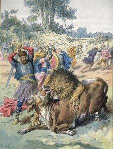 Pépin le Bref combattant un lion et un taureau au Champ de Mars pour prouver son courage (751)