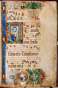 Bibliothèque Piccolomini : livre de chœur, cod. 14.P., ff. 46r avec Marie et Sainte Élisabeth, par Giovanni di Giuliano Boccardi, dit Boccardino l