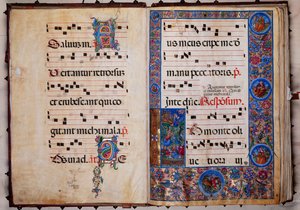 Bibliothèque Piccolomini : livre de chœur, cod. 8-H, ff. 1v-2r avec « Christ au Jardin de Gethsémani »