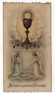 Image pieuse : deux anges prient devant un calice d