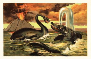 Plesiosaurus et Ichthyosaurus se battant devant une éruption - Unbekannter Künstler