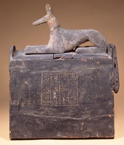 Boîte à shabti en forme de pylône avec une inscription et une statue d
