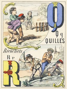 Q R : quilles, ricochets - Alphabet des jeux, vers 1890 (illustration)