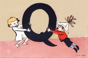 Q comme querelle - Alphabet enfants. C. M. éditeur, Paris. Cartes postales peintes à la main, affranchies en 1904. Dimensions : 14 x 9 cm