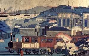 Chemin de fer dans un port japonais, fin du 19e siècle (gravure)
