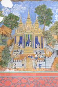 Fresques du Reamker ornant les murs du complexe du palais royal à Phnom Penh, Cambodge (photo)