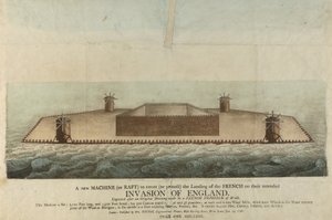 Représentation du radeau français censé envahir la Grande-Bretagne en 1798 (gravure)