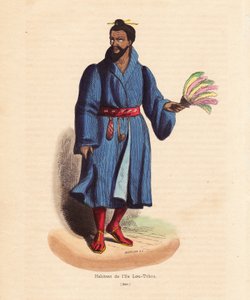 Résident des îles Ryu Kyu (Okinawa, Japon) - Homme des îles Lou-Tchou (îles RyukYu ou Okinawa moderne) - Gravure sur bois coloriée à la main par Mercier de Habits, Usages et Costumes de tous les Peuples du Monde, Asie, par Auguste Wahlen, pseudonyme de Jea