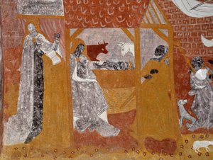 Art roman : Fresques de la chapelle funéraire Sainte-Catherine de Jouhet, Vienne, Poitou-Charentes, France. Nativité. Photographie