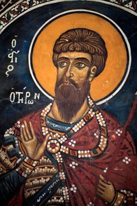 Saint Théodore Tiron, fresque byzantine du 14e siècle (1332), église Phorbiotissa, Asinou, Chypre