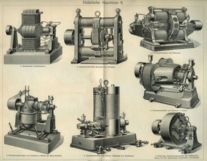 Tableau de science et technologie représentant des machines électriques allemandes. Illustration tirée de « Meyers Grosses Konversations - Lexikon » 1904. Bibliographisches Institut, Leipzig und Wien - Unbekannt