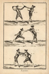 Deuxième position du désarmement en tierce, désarmement sur la carte ou seconde estocade, et deuxième position du désarmement sur la carte. Gravure sur cuivre par Robert Benard de la section Escrime de l