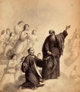 Saint Bernard, souriant, invite Dante à regarder en haut ; le poète est agenouillé, les bras ouverts, à côté du saint ; des esprits bienheureux les entourent. Illustration du Chant XXXIII du Paradis de La Divine Comédie de Dante Alighieri. Œuvre de Frances