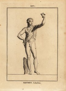 Statue de Bacchus Lenaios, le dieu romain du vin, nu sauf pour une peau de lion, pressant une grappe de raisin