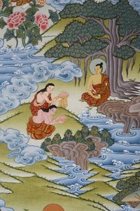 Sujata donnant du riz au lait au Bouddha. Thangka, Bhaktapur, Népal