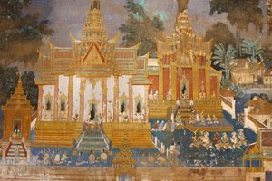 Cette peinture murale représente des scènes du Reamker, la version cambodgienne du poème classique hindou Ramayana