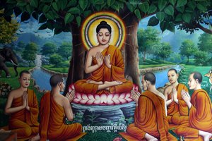 Fresque du temple représentant Bouddha avec des disciples. Cambodge