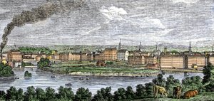 Usines textiles le long des rivières Merrimack et Concord, Lowell, Massachusetts, USA dans les années 1830. Gravure en couleur du XIXe siècle - Unbekannter Künstler