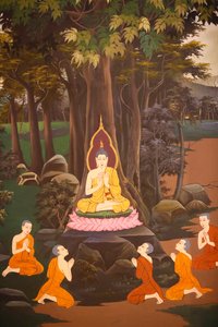 Le Bouddha prêcha son premier sermon aux cinq moines, Fresque murale, Temple Wat Botum, Phnom Penh, 2022