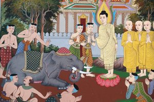 La Vie du Bouddha, Un éléphant sauvage apprivoisé par la gentillesse, Fresque murale, Monastère Wat Maniratanaram, Phnom Penh, 2022
