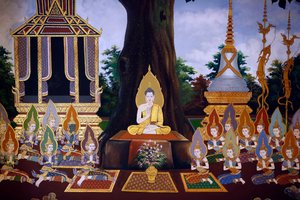 La vie du Bouddha, fresque murale, temple Wat Botum, Phnom Penh, 2022
