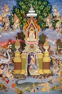 La vie du Bouddha, fresque murale, monastère Wat Maniratanaram, Phnom Penh, 2022