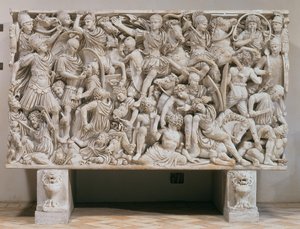 Le sarcophage Ludovisi avec une représentation en haut relief des Romains combattant les Barbares, 250-80 après J.-C.