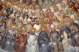 Le Baptistere de Padoue. Fresques du plafond du 14ème siècle par Giusto de Menabuoi. Le Paradis. Christ bénissant avec patriarches, prophètes et saints. Détail. Padoue, Italie. - Unbekannt